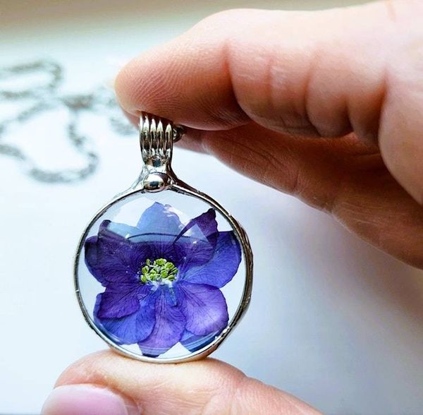 Alternate image for Pressed Flower Necklace, Purple Larkspur Jewelry, Natural Flower Pendant, July Birth Flower