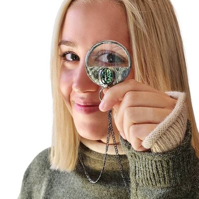 Alternate image for Magnifying Glass Necklace for Women, Blue Glass Opal Inset, Glass Magnifier Pendant, Useful Handmade Jewelry
