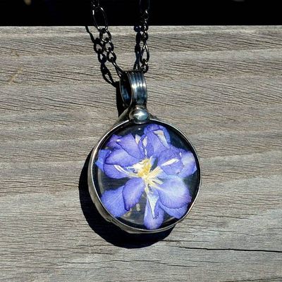 Alternate image for Pressed Flower Necklace, Purple Larkspur Jewelry, Natural Flower Pendant, July Birth Flower