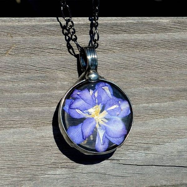 Alternate image for Pressed Flower Necklace, Purple Larkspur Jewelry, Natural Flower Pendant, July Birth Flower
