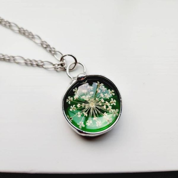 Alternate image for Green Stained Glass Pendant, Pressed Flower Necklace, Queen Annes Lace Wildflowers, 13th Anniversary Gift