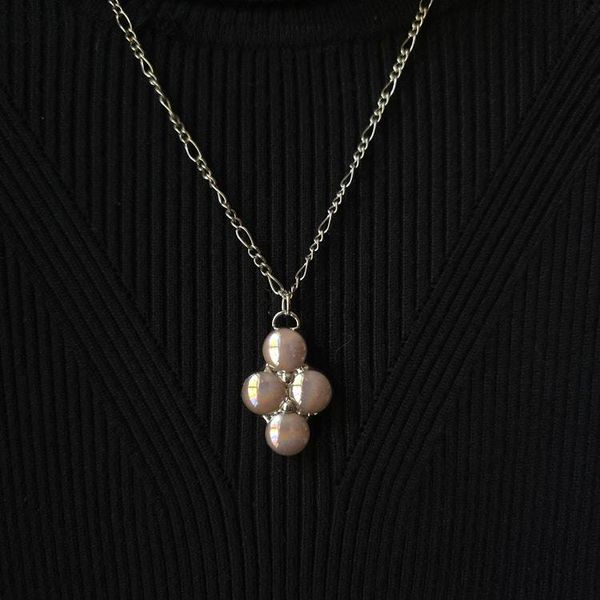 Alternate image for Iridescent Glass Necklace Handmade Pink Aurora Glass Pendant Four Stone Cluster