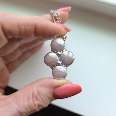 Alternate image for Iridescent Glass Necklace Handmade Pink Aurora Glass Pendant Four Stone Cluster