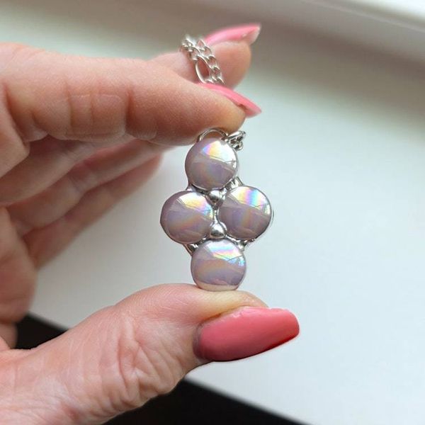 Alternate image for Iridescent Glass Necklace Handmade Pink Aurora Glass Pendant Four Stone Cluster