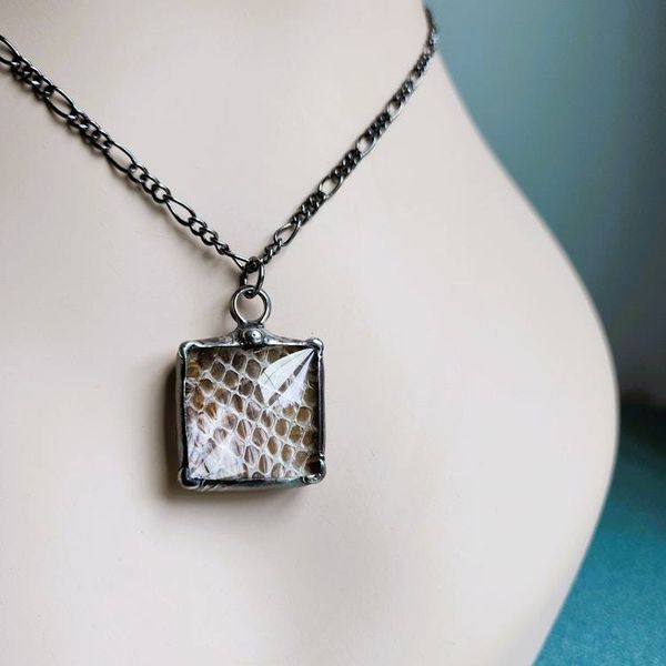 Alternate image for Real Snakeskin Pendant Necklace, Handmade Stained Glass Jewelry