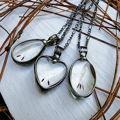 Alternate image for Dandelion Seed Heart Pendant Necklace for Women, Stained Glass Terrarium Jewelry, Three Seeds