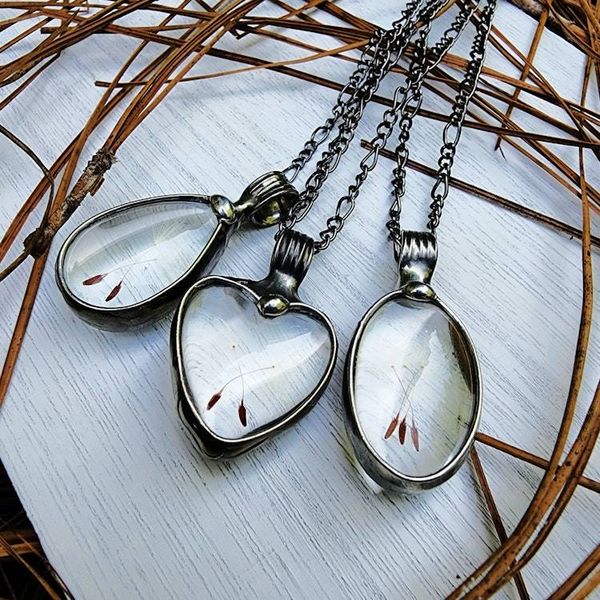 Alternate image for Dandelion Seed Heart Pendant Necklace for Women, Stained Glass Terrarium Jewelry, Three Seeds