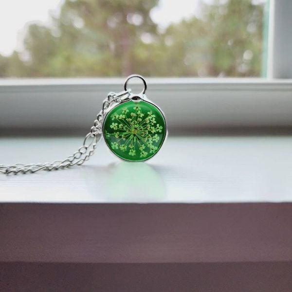 Alternate image for Green Stained Glass Pendant, Pressed Flower Necklace, Queen Annes Lace Wildflowers, 13th Anniversary Gift