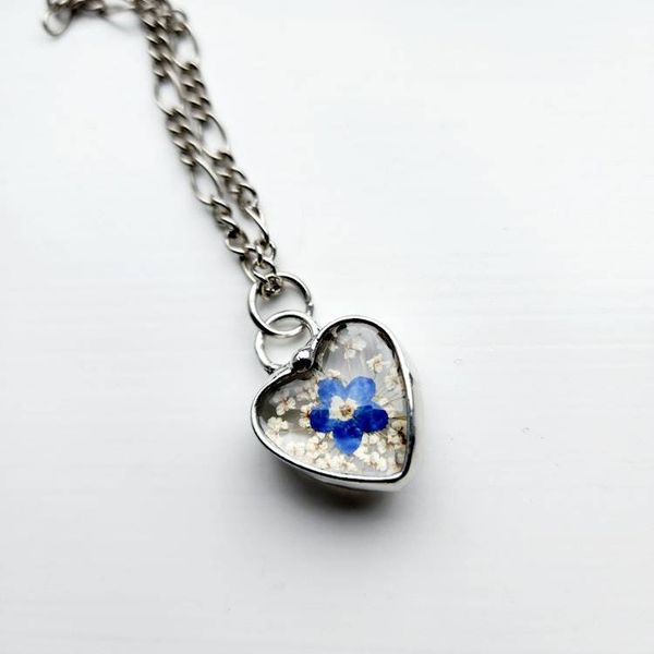 Alternate image for Real Pressed Flower Heart Necklace, Queen Annes Lace Pendant with Forget Me Not, 13th Anniversary Jewelry Gifts