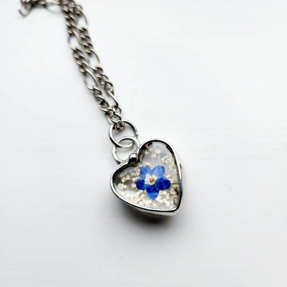 Real Pressed Flower Heart Necklace, Queen Anne's Lace Pendant with Forget Me Not, 13th Anniversary Jewelry Gifts