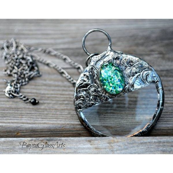 Alternate image for Unique Magnifying Glass Pendant Necklace for Women, Green Glass Opal Accent