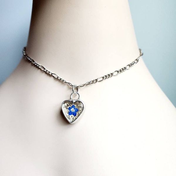 Alternate image for Real Pressed Flower Heart Necklace, Queen Annes Lace Pendant with Forget Me Not, 13th Anniversary Jewelry Gifts