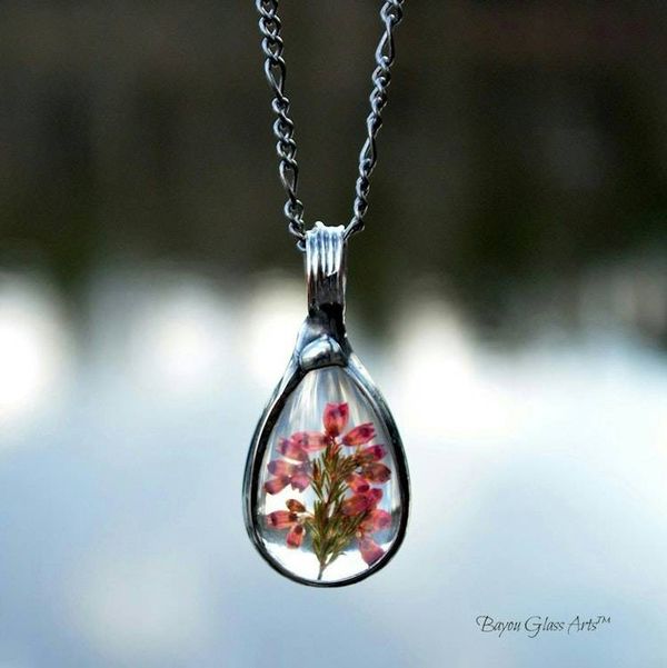 Alternate image for Pressed Flower Jewelry, Pink Teardrop Pendant, Scottish Heather Necklace for Women, Made in USA of Glass not Resin