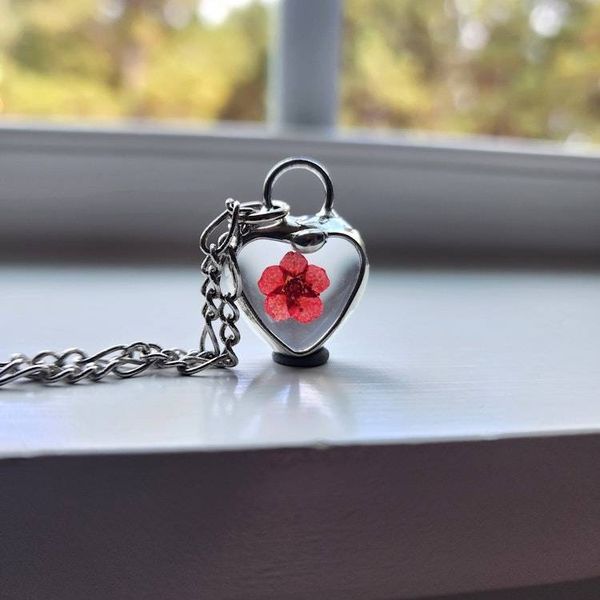 Alternate image for Red Pressed Flower Heart Charm, Handmade Necklace for Women and Girls, Quality Glass Jewelry, Valentines Day Gift for Her