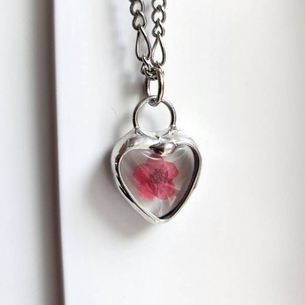 Alternate image for Red Pressed Flower Heart Charm, Handmade Necklace for Women and Girls, Quality Glass Jewelry, Valentines Day Gift for Her