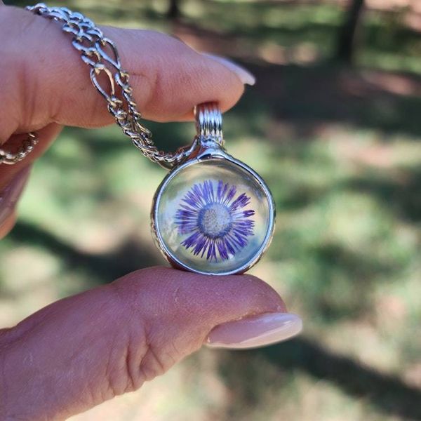 Alternate image for Purple Flower Necklace for Women, Dry Pressed Flower Jewelry, Glass not Resin, Real Aster Pendant, September Birth Flower