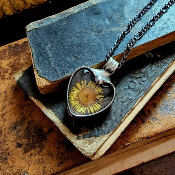 Alternate image for Pressed Flower Necklace for Women, Sunflower Heart Pendant, Real Yellow Aster Jewelry, Glass not Resin