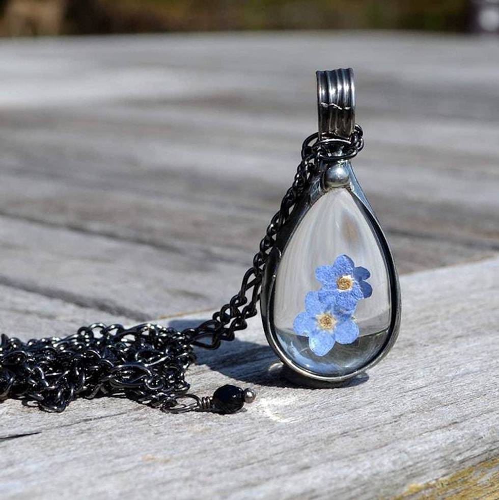 Pressed Flower Necklace, Real Forget Me Not Jewelry, Blue Botanical Teardrop Pendant, Quality Glass Necklace for Women,