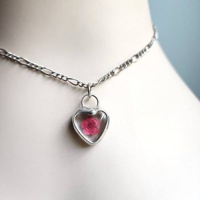 Alternate image for Red Pressed Flower Heart Charm, Handmade Necklace for Women and Girls, Quality Glass Jewelry, Valentines Day Gift for Her