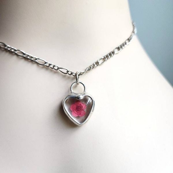 Alternate image for Red Pressed Flower Heart Charm, Handmade Necklace for Women and Girls, Quality Glass Jewelry, Valentines Day Gift for Her
