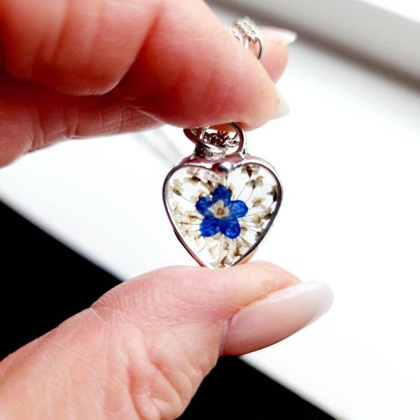 Alternate image for Real Pressed Flower Heart Necklace, Queen Annes Lace Pendant with Forget Me Not, 13th Anniversary Jewelry Gifts