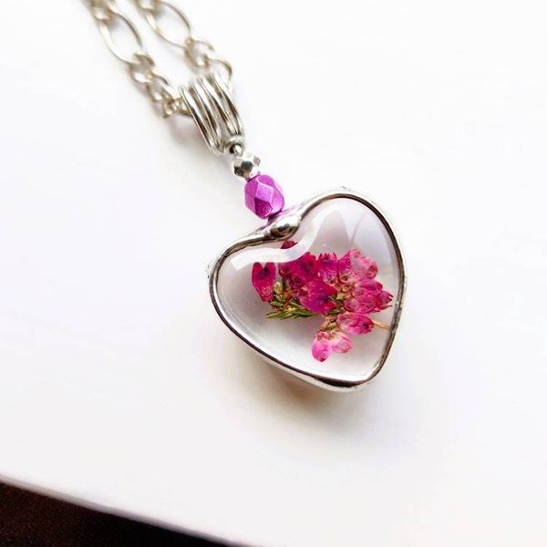 Alternate image for Pressed Flower Jewelry, Heather Heart Charm, Pink Scottish Heather Necklace, Quality Glass Pendant