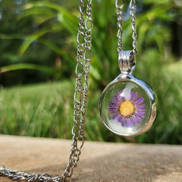 Alternate image for Purple Flower Necklace for Women, Dry Pressed Flower Jewelry, Glass not Resin, Real Aster Pendant, September Birth Flower