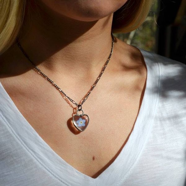Alternate image for Pressed Flower Jewelry, Real Forget-Me-Not Heart Charm Necklace, Quality Glass Jewelry Gift for Girlfriend, Valentines Day Gift