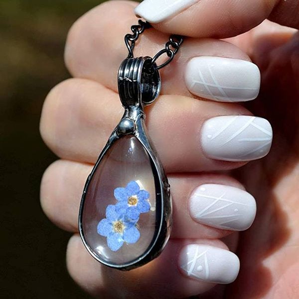 Alternate image for Pressed Flower Necklace, Real Forget Me Not Jewelry, Blue Botanical Teardrop Pendant, Quality Glass Necklace for Women,