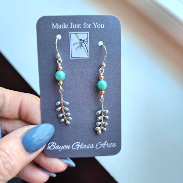 Alternate image for Handmade Long Dangle Earrings, Turquoise & Copper with Sterling Silver Ear Wires