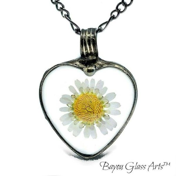 Alternate image for Real Pressed Flower Daisy Heart Pendant Necklace for Women, Stained Glass Jewelry
