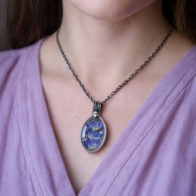 Alternate image for Real Pressed Flower Pendant Necklace, Purple Lavender Jewelry Gift for Her, Quality Glass Terrarium Pendant,