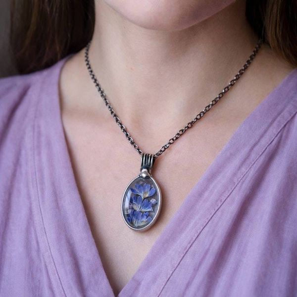 Alternate image for Real Pressed Flower Pendant Necklace, Purple Lavender Jewelry Gift for Her, Quality Glass Terrarium Pendant,