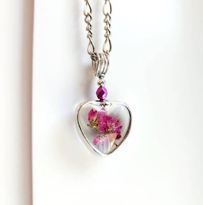 Alternate image for Pressed Flower Jewelry, Heather Heart Charm, Pink Scottish Heather Necklace, Quality Glass Pendant