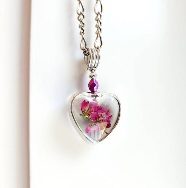 Alternate image for Pressed Flower Jewelry, Heather Heart Charm, Pink Scottish Heather Necklace, Quality Glass Pendant