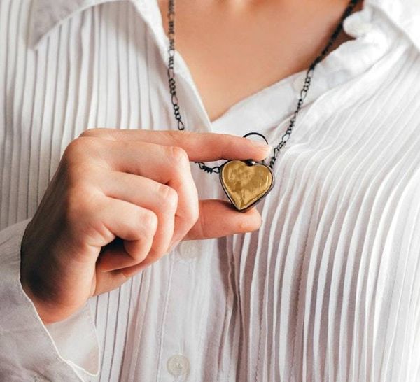 Alternate image for Chunky Glass Heart Pendant, Amber Heart Necklace, Yellow Glass Heart Jewelry