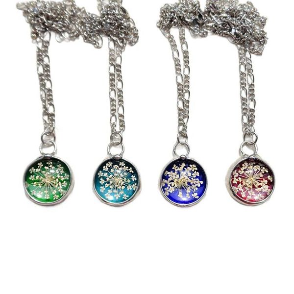 Alternate image for Stained Glass Pendant, Pressed Flower Jewelry, Queen Annes Lace Necklace for Women, Glass not Resin
