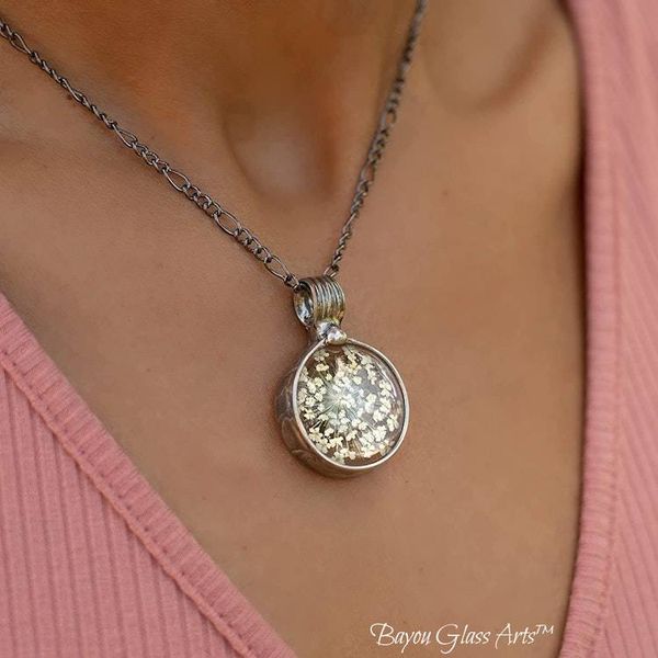 Alternate image for Queen Annes Lace Pendant Necklace, Real Pressed Flower Jewelry for Women, 13th Anniversary Gift for Wife
