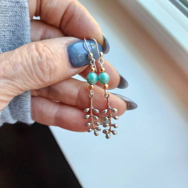 Alternate image for Handmade Long Dangle Earrings, Turquoise & Copper with Sterling Silver Ear Wires