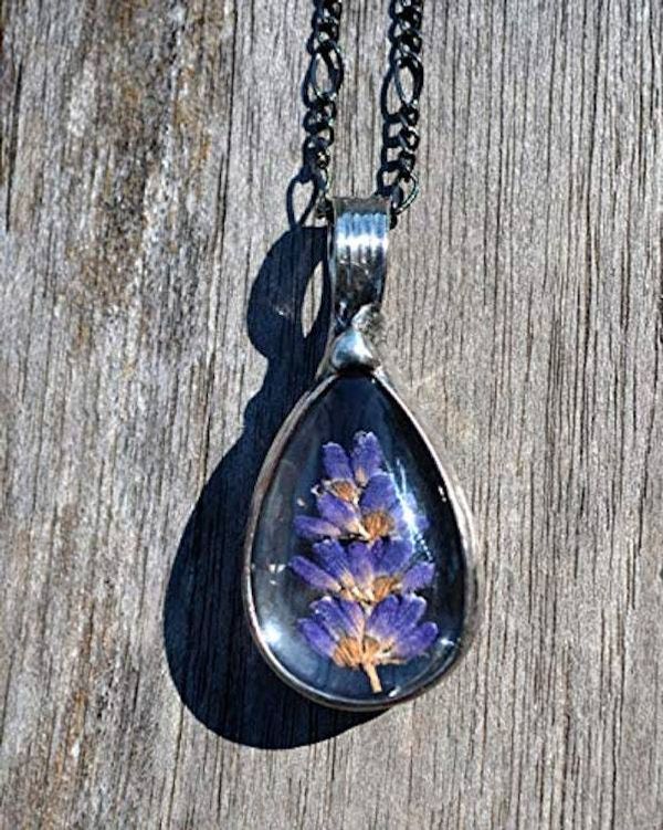 Alternate image for Pressed Flower Necklace for Women, Teardrop Glass Terrarium Pendant, Purple Lavender Jewelry