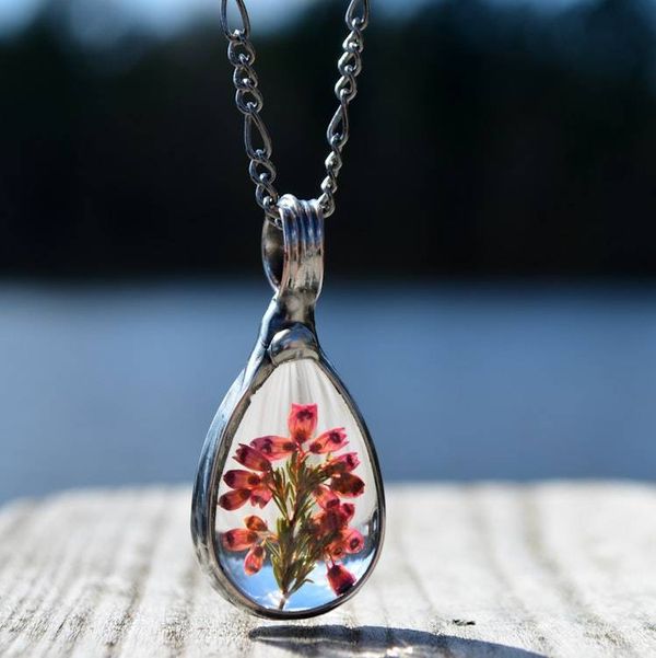 Alternate image for Pressed Flower Jewelry, Pink Teardrop Pendant, Scottish Heather Necklace for Women, Made in USA of Glass not Resin