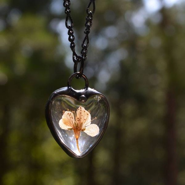 Alternate image for Pressed Flower Jewelry, Wild Plum Heart Necklace for Women, Quality Glass Terrarium Pendant,