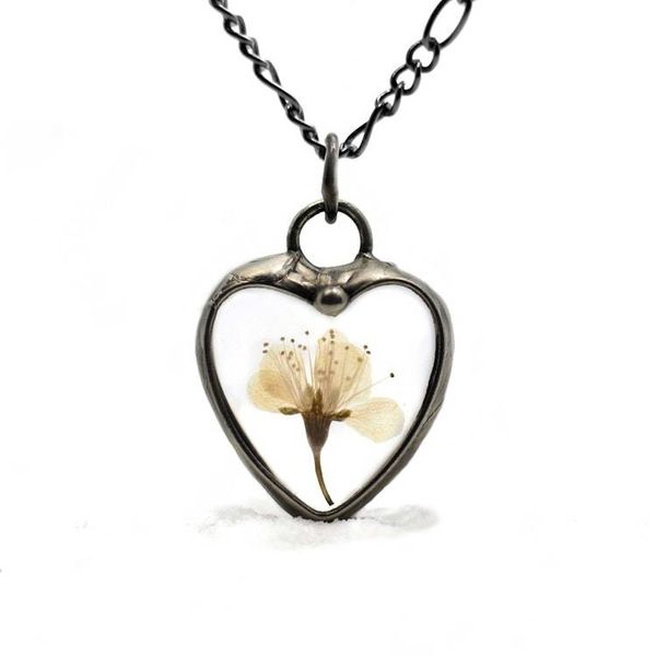 Alternate image for Pressed Flower Jewelry, Wild Plum Heart Necklace for Women, Quality Glass Terrarium Pendant,