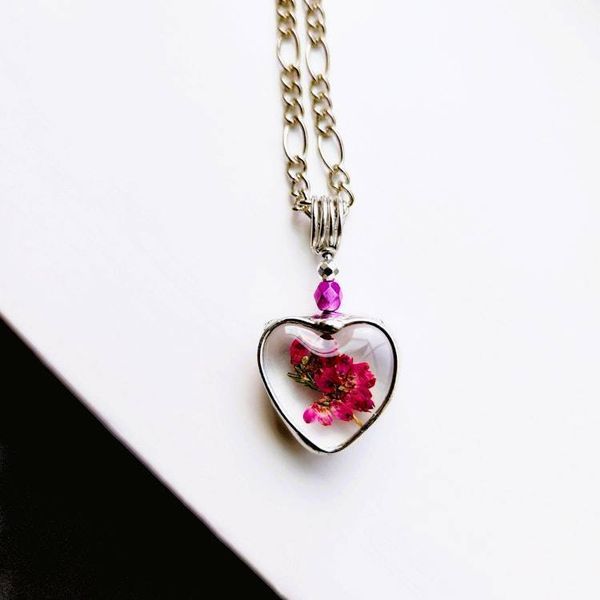 Alternate image for Pressed Flower Jewelry, Heather Heart Charm, Pink Scottish Heather Necklace, Quality Glass Pendant