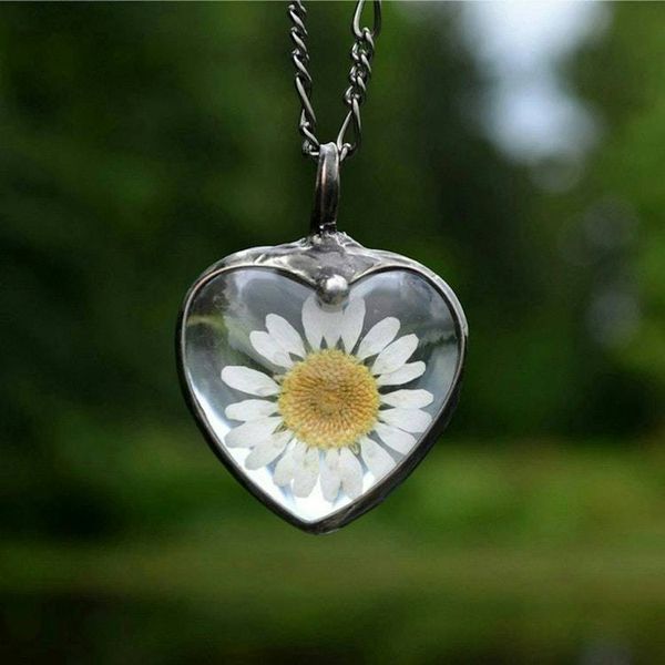 Alternate image for Real Pressed Flower Daisy Heart Pendant Necklace for Women, Stained Glass Jewelry