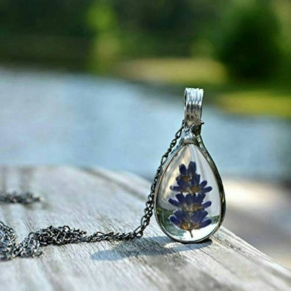Alternate image for Pressed Flower Necklace for Women, Teardrop Glass Terrarium Pendant, Purple Lavender Jewelry