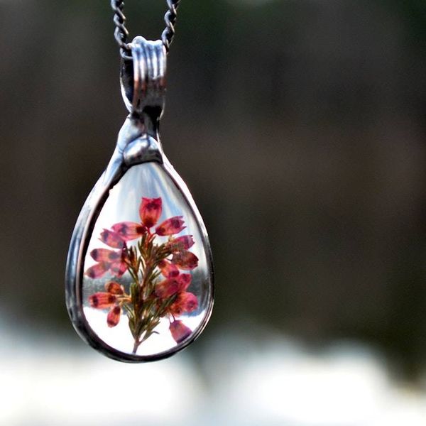 Alternate image for Pressed Flower Jewelry, Pink Teardrop Pendant, Scottish Heather Necklace for Women, Made in USA of Glass not Resin