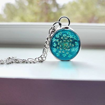 Primary image for Pressed Flower Pendant Necklace for Women, Stained Glass Jewelry, Real Queen Annes Lace, Natural Flower Pendant