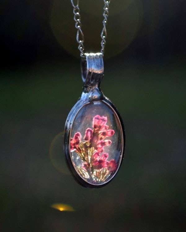Alternate image for Pressed Flower Pendant Necklace for Women, Real Pink Scottish Heather Wildflowers, Glass Terrarium Jewelry