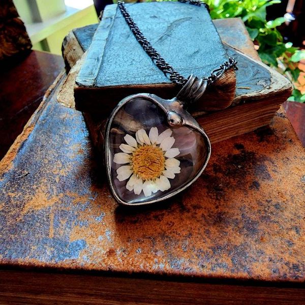 Alternate image for Real Pressed Flower Daisy Heart Pendant Necklace for Women, Stained Glass Jewelry
